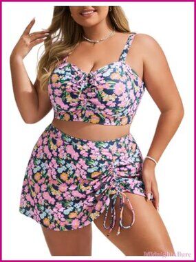 High Waisted Bikini Set with Drawstring Swim Skirt Plus Size